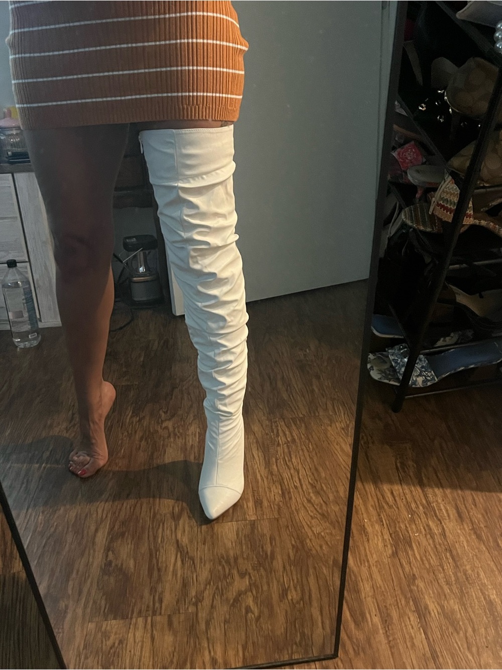 Over-the-Knee Ruched Pointed-Toe Boot - White